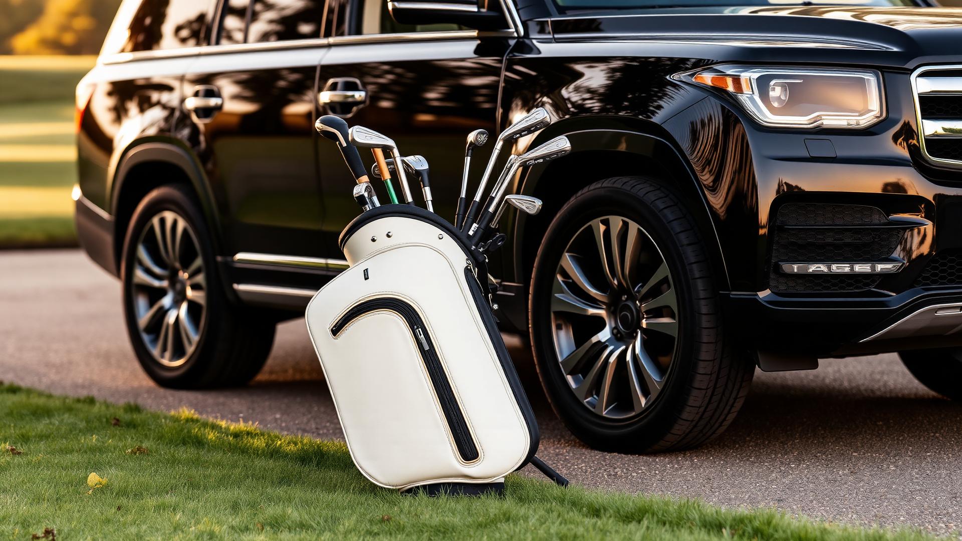 Premium golf bag beside a chauffeur-driven vehicle at a private estate