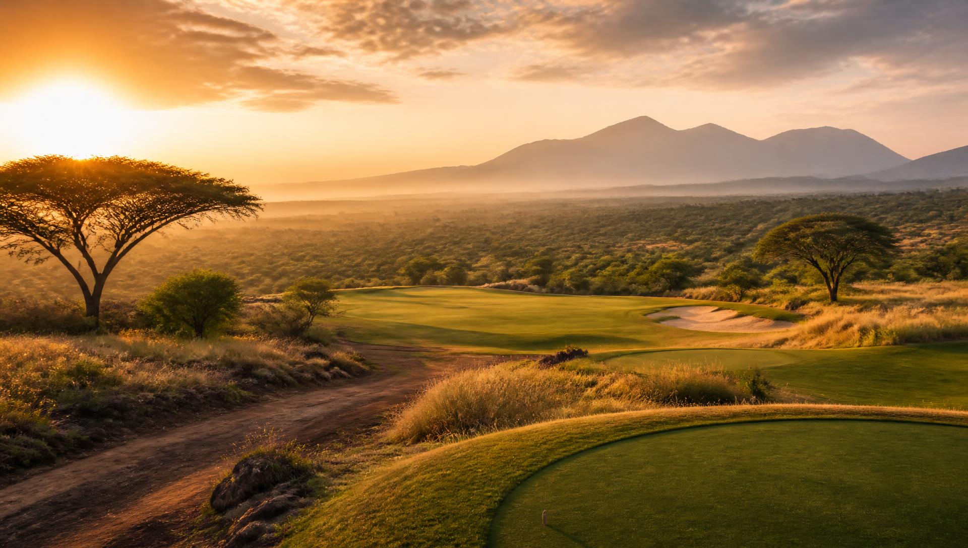 Bushveld championship golf fairway at sunrise with acacia trees and distant mountains